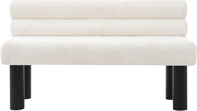 GDFStudio Upholstered Boucle Dining Bench with Backrest Farmhouse Entryway Bench with Rubber Wood Legs Long Indoor Bench for Bedroom Living Room End of Bed Dining Room Seating, Beige