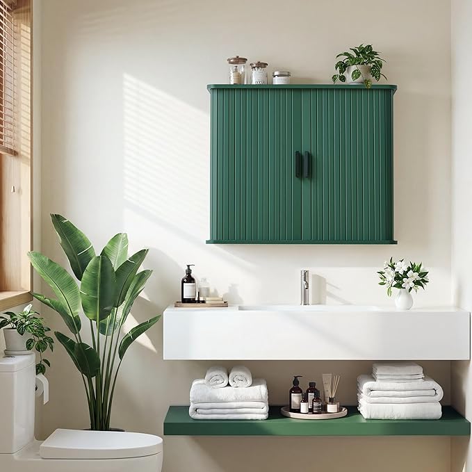 weselon Fluted Wall Mounted Bathroom Cabinet with Sliding Doors, Medicine Cabinet Storage for Over the Toilet, Space Saver Organizer for Small Bathroom Laundry Kitchen (Green)