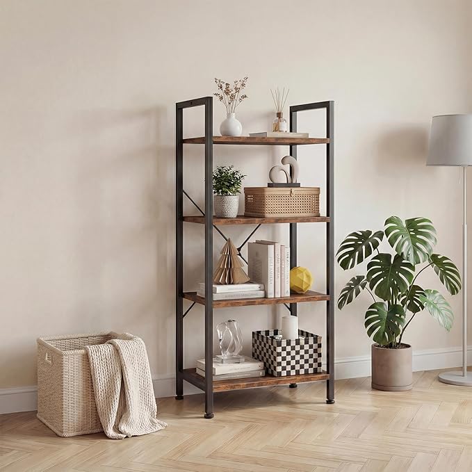 DUMOS 4-Tier Bookshelf, Modern Tall Bookcase, Open Storage Display Shelf for Living Room, Bedroom, Home Office, Narrow Standing Shelving Unit for Books, CDs, Décor,Brown