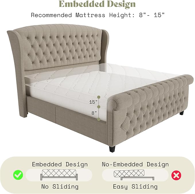 AMERLIFE King Size Platform Bed Frame, Linen Upholstered Sleigh Bed with Scroll Wingback Headboard & Footboard/Button Tufted/No Box Spring Required/Khaki