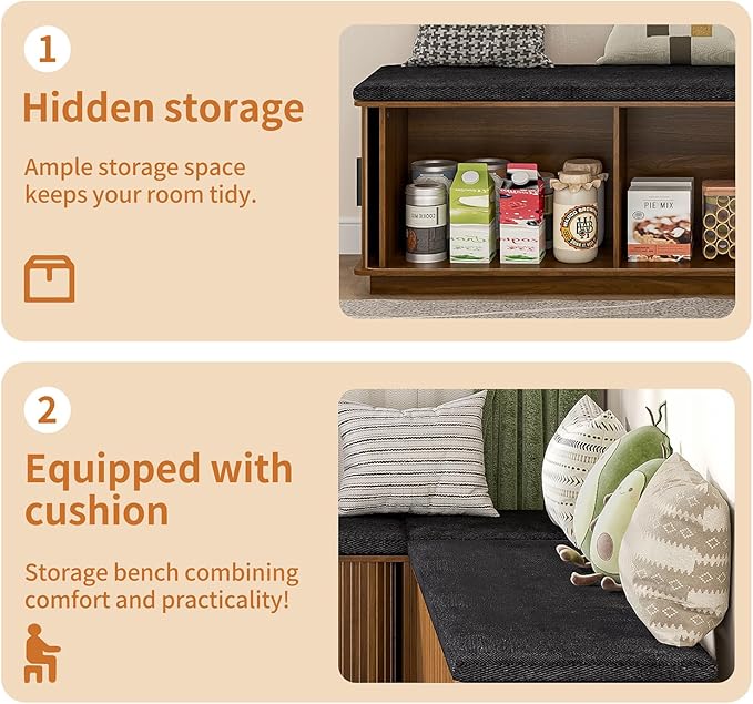 L-Shape Storage Bench with Cushion, Walnut Corner Dining Bench with Hidden Storage, Fluted Breakfast Nook Bench for Dining Room, Kitchen, Entryway, Cloakroom