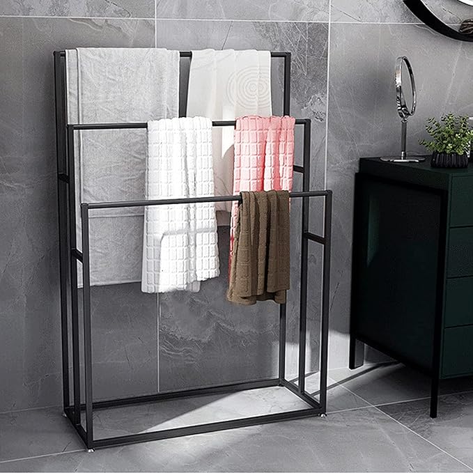 3 Tier Standing Towel Rack - Extra Wide Large Bathroom Towel Stand, Heavy-Duty Metal Towel Drying Rack for Poolside (Matte Black, 37.4” Wide)