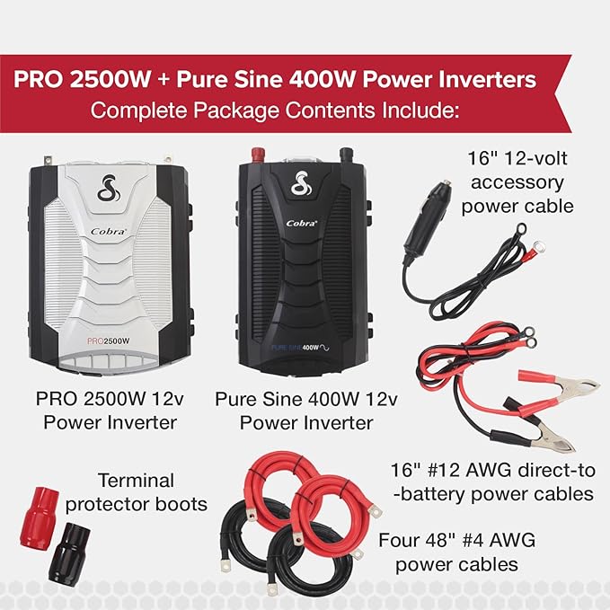 Cobra PURE SINE 400W Power Inverter and PRO 2500W Professional Grade Power Inverter Bundle
