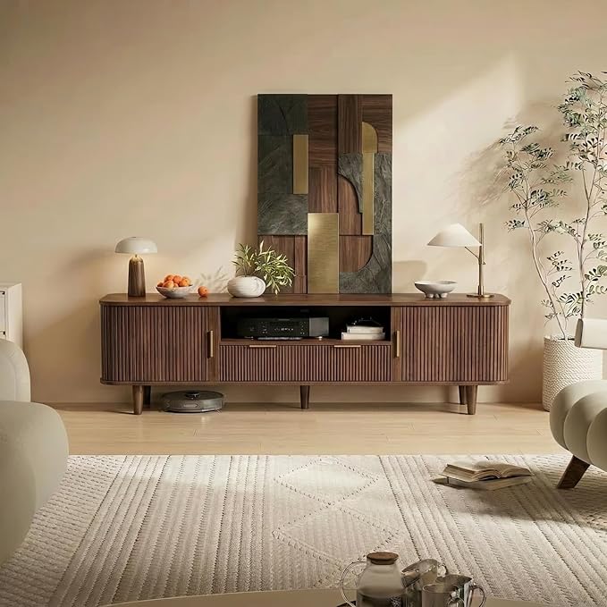 Mid Century TV Stand for TVs Up to 70 Inch, Fluted Media Console with Tambour Sliding Door, Solid Wood Entertainment Center with Storage for Living Room Bedroom Office(Walnut)
