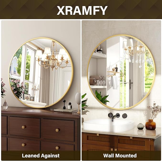 XRAMFY 24 Inch Round Mirror - Circle Mirrors for Bathroom, Entryway and Living Room Wall Decor, Modern Hanging Vanity Mirror, Matte Gold Circle Decorative Wall Mirror