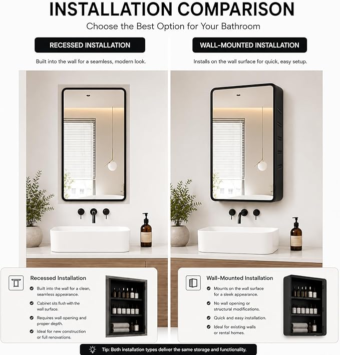 Medicine Cabinet with Mirror 16x24 inch, Black Recessed or Surface Wall Mount Bathroom Cabinets with Adjustable Shelves and Metal Framed
