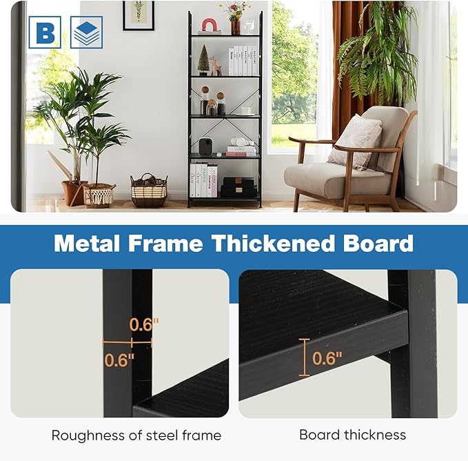 DUMOS 5 Tiers Open Bookshelf, Classic Freestanding Tall Display Shelf, Multifunctional Storage Organizer Rack for Living Room Home Office, Sturdy Bookcase for CDs/Books/Movies, Modern Black
