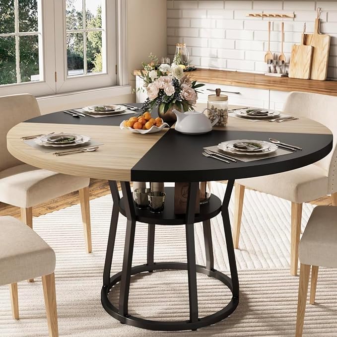 GarveeHome 47 Inch Round Dining Table with Storage Shelf, Farmhouse Circle Kitchen Table for 4-6, Space-Saving Wood Top, Metal Legs, for Kitchen, Dining & Living Room, Apartment, Table Only-Black Wood