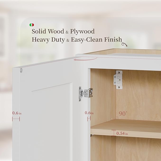 Kisart Laundry Room Cabinets Wall Mounted with Doors & Shelves, Solid Wood RTA Medicine Storage Cabinet, 24Wx36Hx12D Inch White Shaker Hanging Cupboard, Space-Saving for Kitchen, Bathroom, Garage
