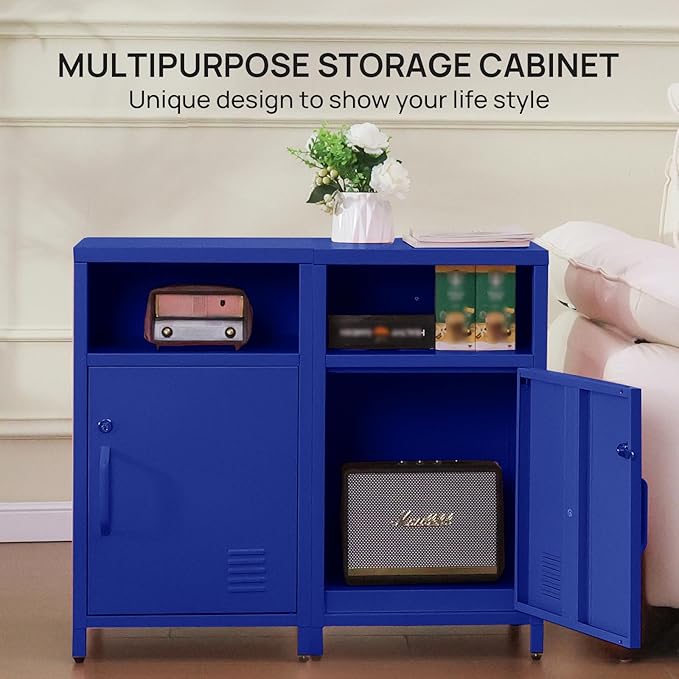 ALBAD Compact Metal Nightstand with Lockable Cabinet and Open Shelf, Modern Bedside Table, Versatile Side Table for Bedroom, Living Room, or Office (Blue, 26" H-Lockable Door)