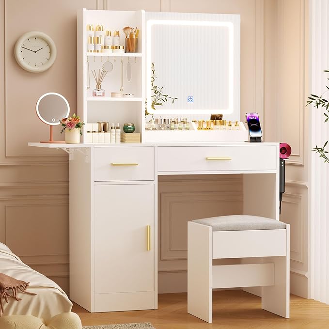 ERLEJIA Vanity Desk with Mirror and Lights & Extral Foldable Desk, 31.5" & 39.3" Makeup Vanity Table with 4 Drawers and 3 Open Shelves, Dressing Table for Bedroom, White