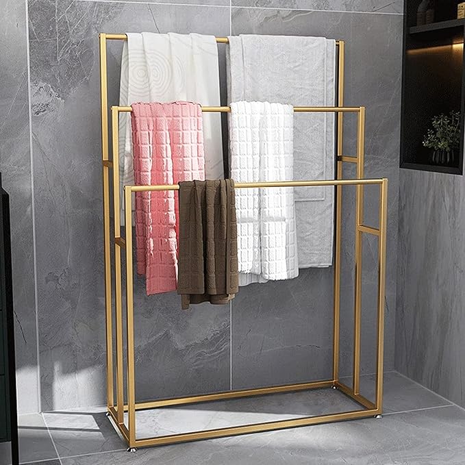 3 Tier Standing Towel Rack - Extra Wide Large Bathroom Towel Stand, Heavy-Duty Metal Towel Drying Rack for Poolside (Matte Gold, 25.6” Wide)