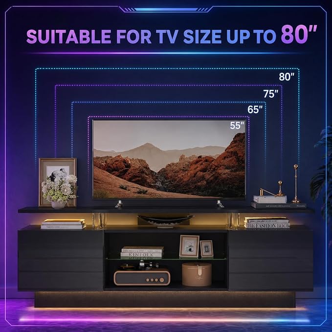 70” High-Glossy TV Stand with 2 Side Cabinets, Modern Stylish TV Console with 3 Layer LED Lights,Gaming TV Media Console with Adjustable Glass Shelf, Remote&APP Control, Black