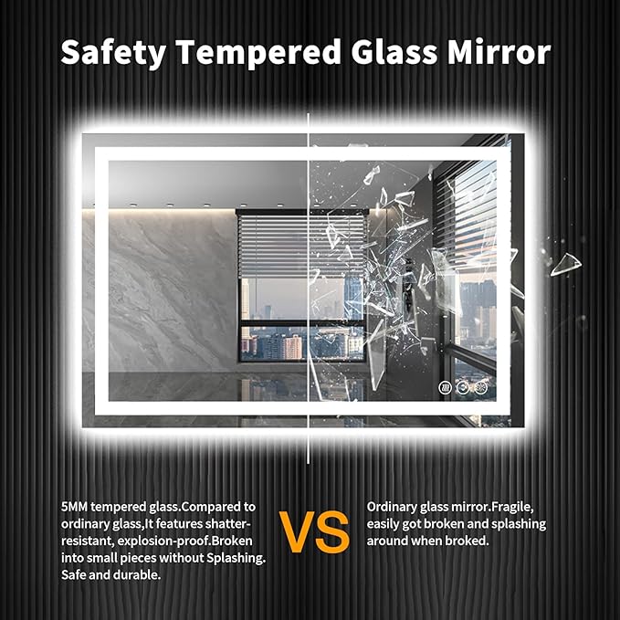 LOAAO 48X36 LED Bathroom Mirror with Lights, Anti-Fog, Dimmable, Backlit + Front Lit, Lighted Bathroom Vanity Mirror for Wall, Shatter-Proof, Memory Function, ETL Listed