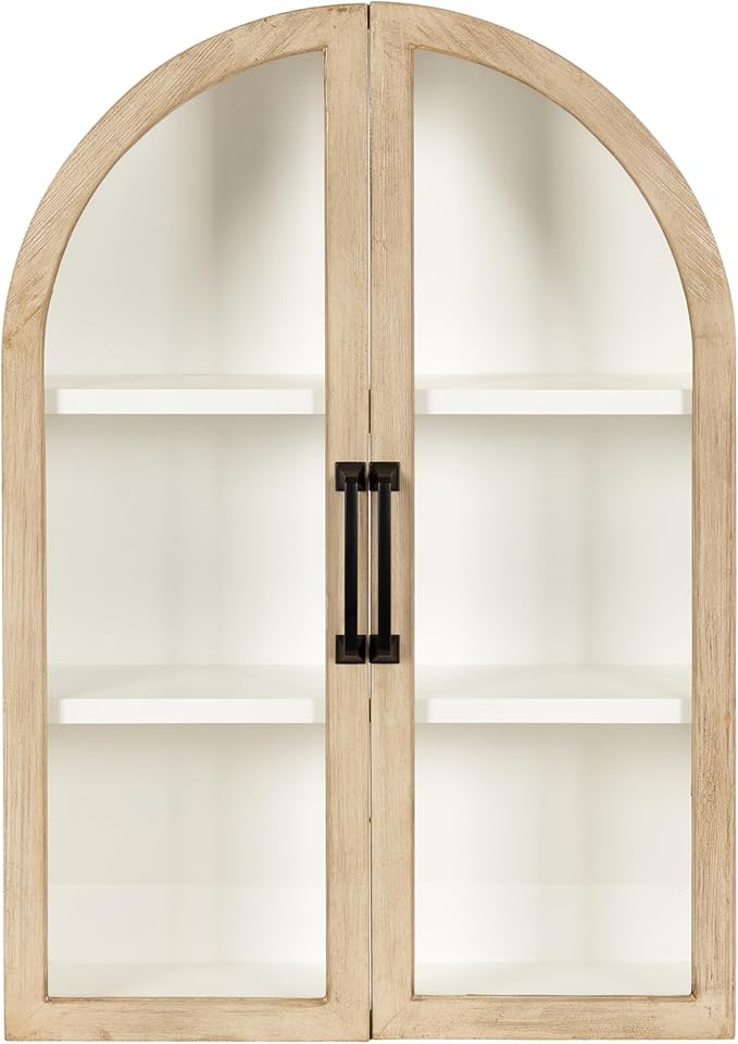 Kate and Laurel Arcott Modern Arch Wall Cabinet, 21 x 8 x 30, Natural Wood and White, Transitional Arched Cabinet for Use as Over-the-Toilet Storage or Living Room Storage Cabinet