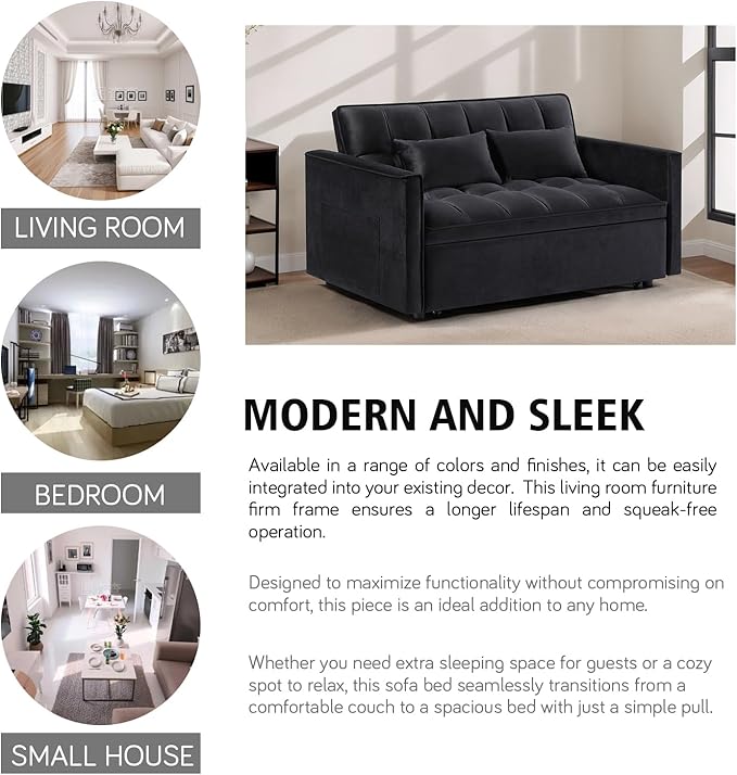3 in 1 Convertible Sleeper Sofa Bed, 54'' Full Size Velvet Pull Out Futon Couch Recliner with Reclining Backrest & 2 Pillows, Small Loveseat Lounge Couches for Small Spaces (Black)