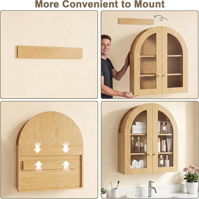 Arched Wall Cabinet, Bathroom Cabinet Wall Mount with Glass Doors & Adjustable Shelf, Floating Medicine Cabinet for Bathroom, Kitchen, Living Room Storage, Oak