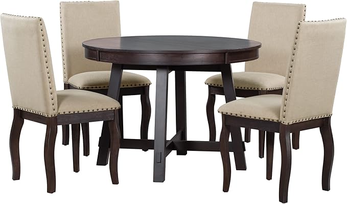 Harper & Bright Designs Farmhouse Extendable Round Dining Table Set, Round Wood Table with Shelf and Upholstered Chair Set Perfect for Family