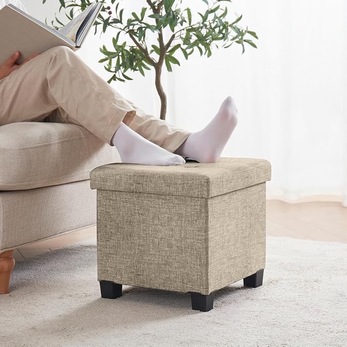 Ornavo Home 15 Inch Folding Storage Ottoman with Storage, Square Cube Linen Small Storage Ottoman Foot Rest Stool with Legs - Tan/Taupe