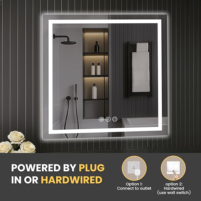 LOAAO 40"X40" LED Mirror for Bathroom, Lighted Bathroom Mirror with Lights, Anti-Fog, Dimmable, Memory Function, Clear Reflection