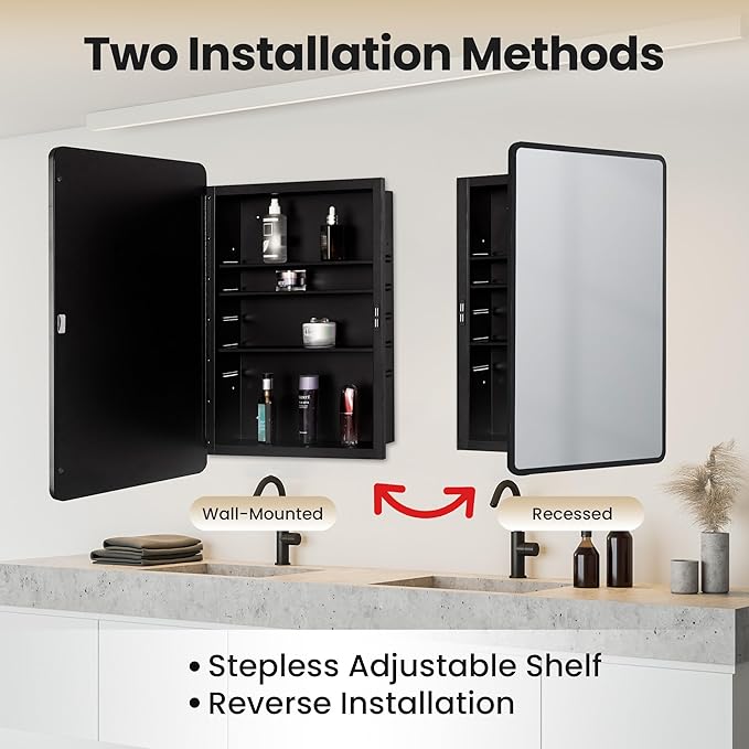 Bathroom Medicine Cabinet with Mirror, 17x27 inch Metal Black Recessed Medicine Cabinet with 3 Adjustable Metal Shelves, Rounded Rectangle Storage Cabinet