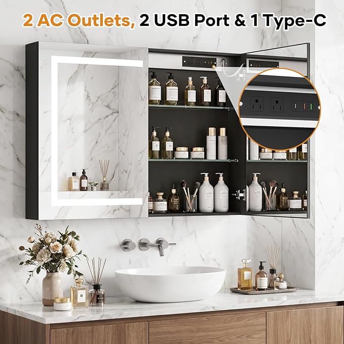 Bathroom Medicine Cabinet with Mirrors and LED Lights, 36x30 inch Bathroom Storage Cabinet, Double Doors Wall-Mounted Medicine Cabinet Organizer with Adjustable Shelves & Outlets (36x30 inch)