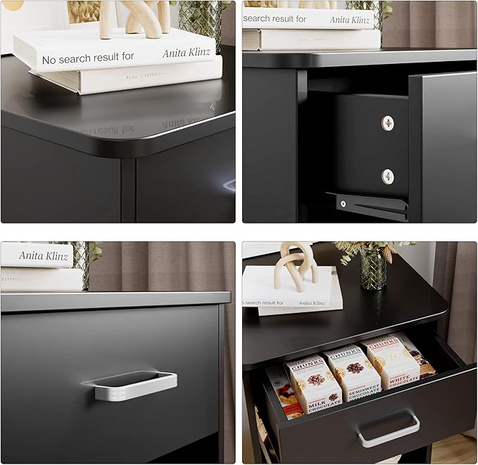 FOTOSOK Nightstand Set of 2, 2-Tier Side Table with Drawer and Storage Shelf, Bedside Table End Table, Modern Night Stand for Bedroom, Home Office,Black
