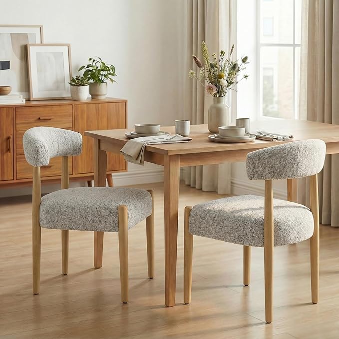 VKNOW Upholstered Dining Room Set for 4, Mid-Century Modern Dining Chairs Set of 2 and Dining Bench with Rubberwood Legs, for Dining Room, Living Room, Kitchen, Heathered Off-White