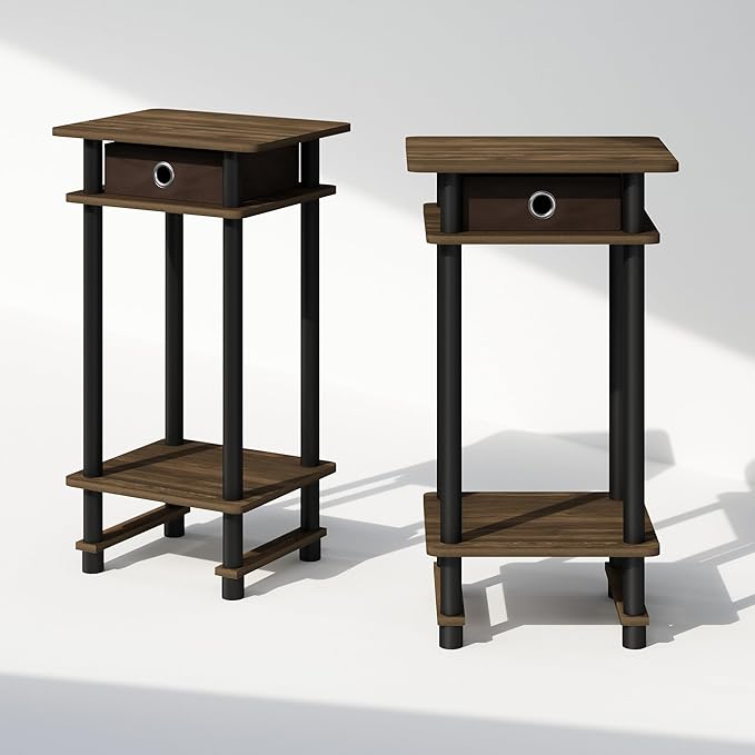 Furinno Turn-N-Tube Tall Nightstand with Bin, 2-Pack, Plastic Poles, Columbia Walnut/Black/Dark Brown