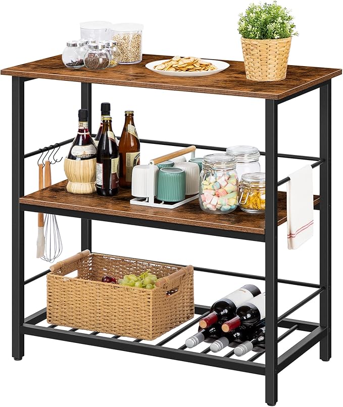 HOOBRO Kitchen Island with Wine Rack, Industrial Island Counter with Hooks and Protective Rails, 3 Tier Kitchen Shelf with Large Workstation, Easy Assembly, Rustic Brown BF02ZD01