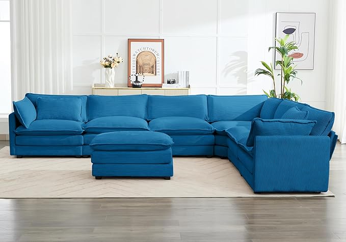 ROWHY 150'' Cloud Modular Sectional Sofa, 7 Seater Sectional Sofa Corduroy Oversized L Shaped Couch with 4 Pillows, Movable Ottoman, Deep Seat Sectional Couches for Living Room Office Bedroom, Blue