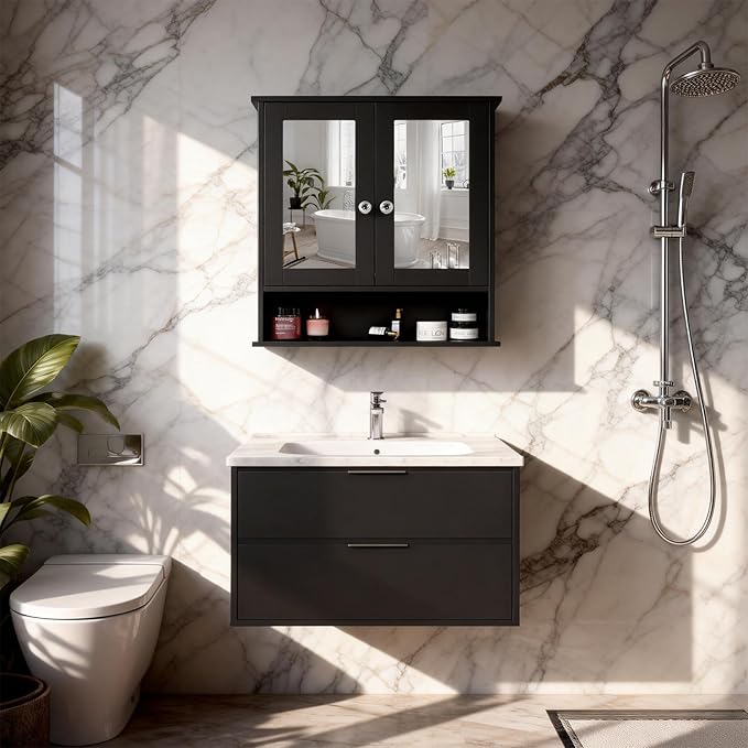 VINGLI Black Medicine Cabinet with Mirror, Wall Mounted Bathroom Cabinet with Open Shelf, 2-Door Hanging Storage Organizer Over Toilet, Adjustable Shelves for Vanity, Living Room, 22x23 Inch
