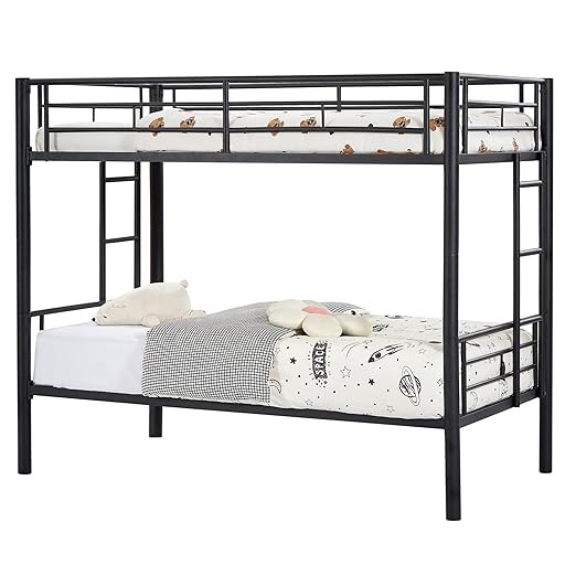 VECELO Metal Bunk Bed Twin Over Twin, Industrial Bunkbeds with Ladder and Full-Length Guardrail, Noise Free, No Boxing Spring Needed, Black
