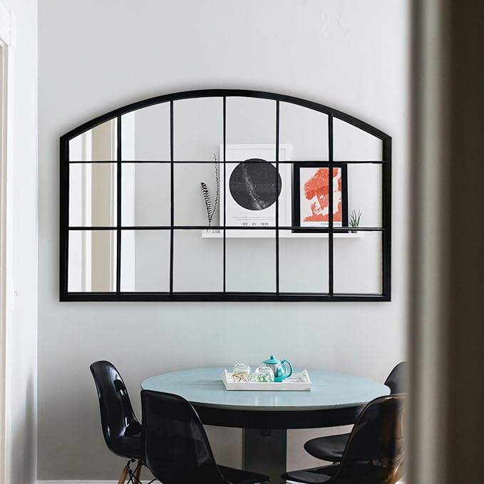 WAMIRRO Black Grid Wall Mirror,Wide Window Pane Black Mirror,Farmhouse Arched Wall Mirror,Mantel Mirror for Fireplace/Entryway/Hallway/Living Room,44“X28”