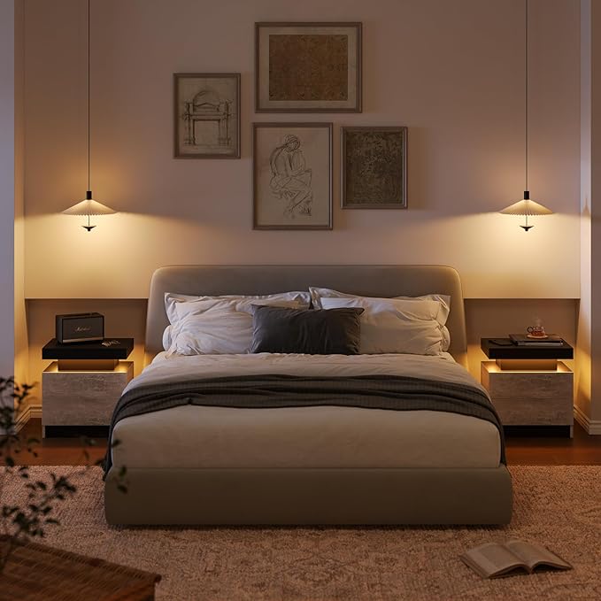LED Nightstand Bedside Drawer Led Cabinet LED Lights Modern End Side Table with 2 Drawers for Bedroom Grey