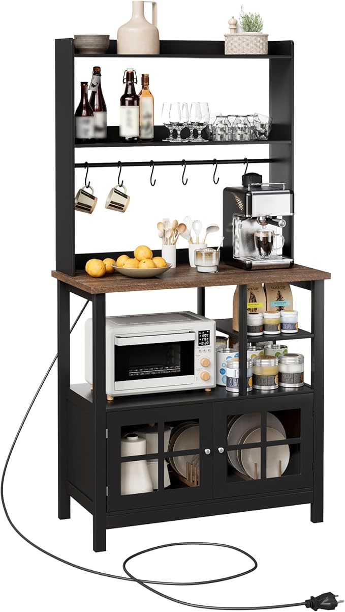 ChooChoo Farmhouse Coffee Bar Cabinet with Storage, Bakers Rack with Power Outlets, Microwave Stand Kitchen Cabinet with Hutch and 6 Hooks, Black