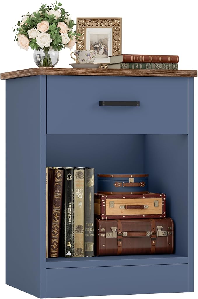 FOTOSOK Nightstand, 2-Tier Side Table with Drawer and Storage Shelf, Bedside Table End Table, Modern Night Stand for Bedroom, Home Office, Blue