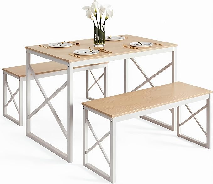 VECELO 43.3" Kitchen Dining Table Set for 4, Heavy-Duty Steel Frame & Wood-Grain Tabletop, Space-Saving Dinette Sets with 2 Benches for Breakfast Nook and Small Space, Natural