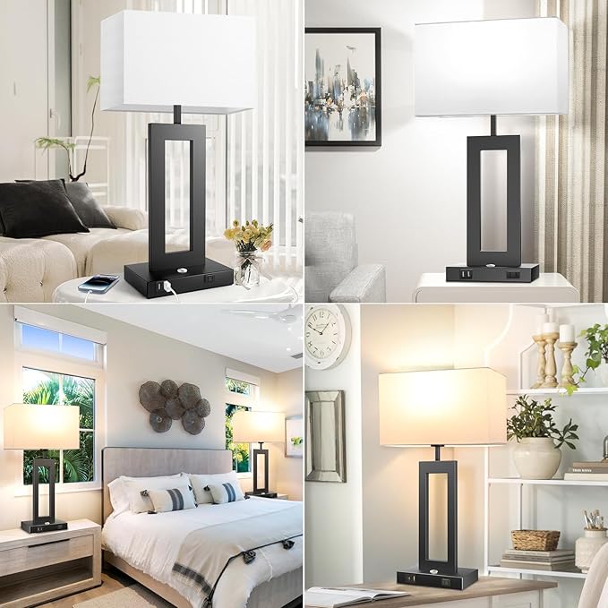 27.2ββ Tall Black Table Lamps for Living Room Bedroom, Bedside Touch Control Lamps with 2 USB Ports&AC Outlet, 3 Color Temp.&Stepless Dimming Desk Lamp Sets for Home Office, Pre-assembled White Shade