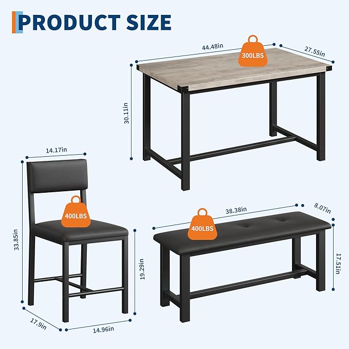 GarveeHome Dining Table Set for 4, Kitchen Table with 2 Upholstered Chairs and Bench, Wood Kitchen Dining Room Set, for Small Space, Apartment, Home, Kitchen, Retro Gray