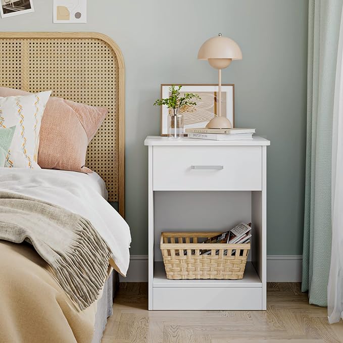 FOTOSOK Nightstand Set of 2, White Nightstand with Drawer and Storage Shelf, Bedside Table End Table, Modern Night Stand for Bedroom, Home Office,White