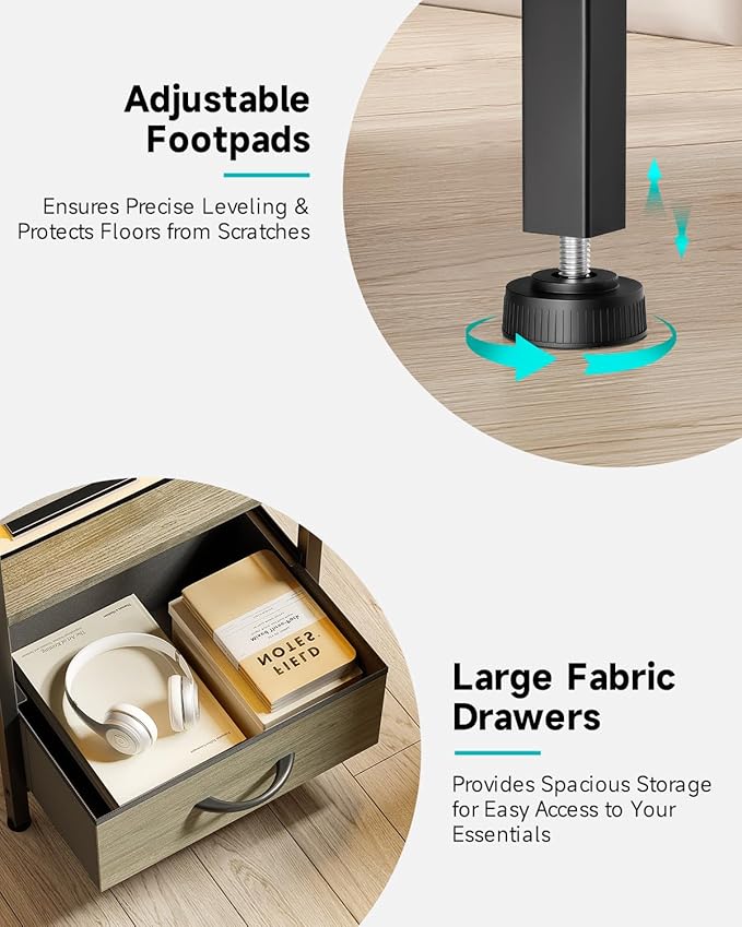 Lazzanto Night Stand Bedside Charger Bedroom - Grey Nightstand with Charging Station & LED Light Strip, Morden End Table with USB Ports & AC Outlets, Night Stand with Storage Shelf & 2 Fabric Drawers