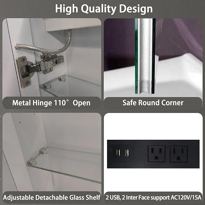 DEYGIA LED Medicine Cabinet with Mirror for Bathroom, Assembly-Free Lighted Medicine Cabinet, Defog, Stepless Dimming, 3 Colors, 2 Outlets, 2USB, Aluminum Wall Mounted Mirrored Cabinets, 24”Wx30“H