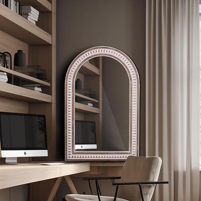 36x24 Inch Rustic Farmhouse Arched Wall Mirror with Beaded, Boho Decorative Arch Mirror for Bathroom Over Sink, Living Room, Entryway, Hallway