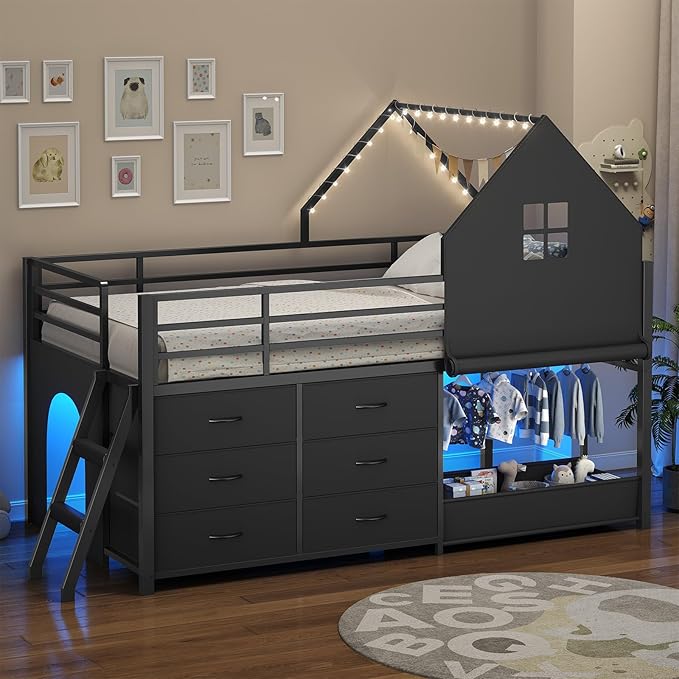 UPOSOJA Twin - Low Loft Bed with Kids Clothing Rack, Kids Loft Bed, Loft Bed with Tent, Toy Storage Box, Safety Guardrail, LED Light, Under-Hide and Seek Bed Play Space (Black)