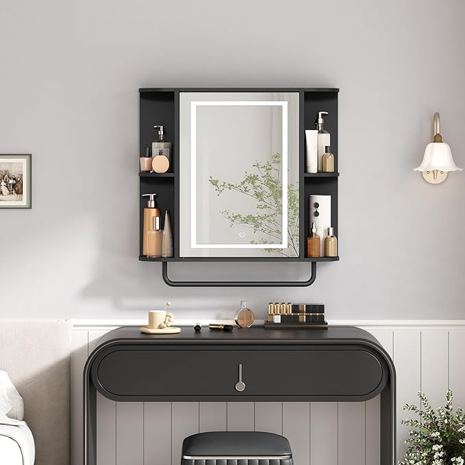 MAHANCRIS Bathroom Wall Cabinet with Mirror, Mirrored Medicine Cabinet with 3 Colors LED Light and 4 Open Shelves, Wall Mounted Storage Cabinets with Adjustable Shelf, 24.7"L x 6.7"W x 26.7"H, Black