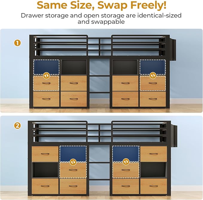 ADORNEVE Low Loft Bed Twin Size with 8 Storage Drawers, Twin Loft Bed with Bookcase and LED Lights, Metal Kids Loft Bed with 14" H Safety Guardrail, Under-Bed Play Space, No Box Spring Needed, Natural