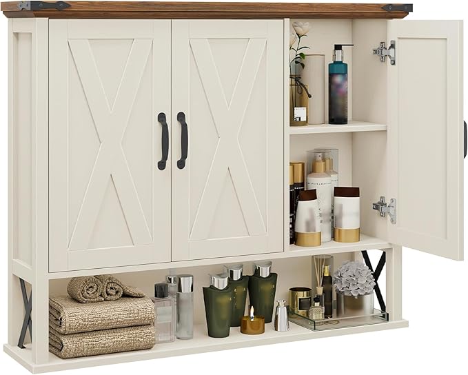 Halitaa Bathroom Wall Cabinet, Farmhouse Medicine Cabinet with Adjustable Wood Shelf & 3 Doors, Over The Toilet Storage Cabinet for Wall Mounted for Bathroom Laundry Room Kitchen, White and Brown