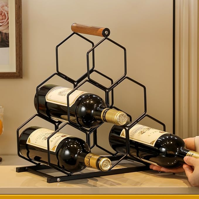Small Black Wine Rack 6 Bottle Holder Countertop - Modern Metal Wire Wine Storage for Counter Top Table Top Coffee Bar Kitchen