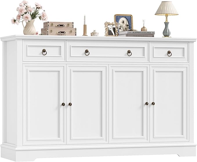FINETONES Buffet Cabinet with Storage, 52.7" Large Sideboard Buffet Cabinet, White Kitchen Cabinet with 3 Drawers and 4 Doors, Wood Coffee Bar for Kitchen Dining Room, White